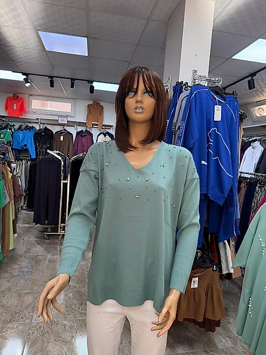 V YAKA TAŞLI TRİKO BLUZ